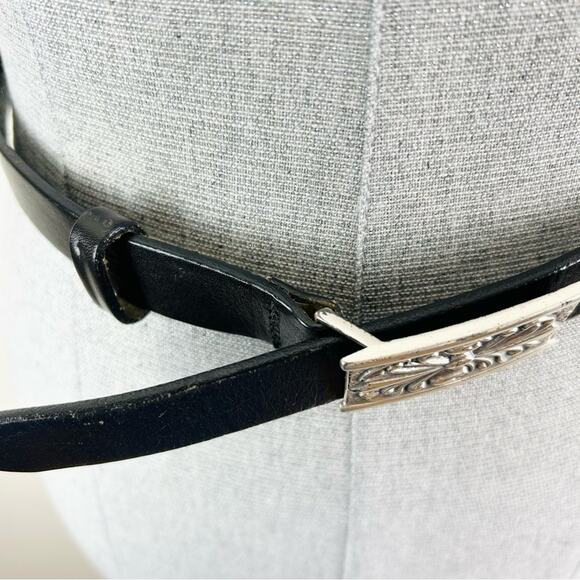 Vintage Black Leather Belt with‎ Silver Scrollwork Buckle Size Small main image 11